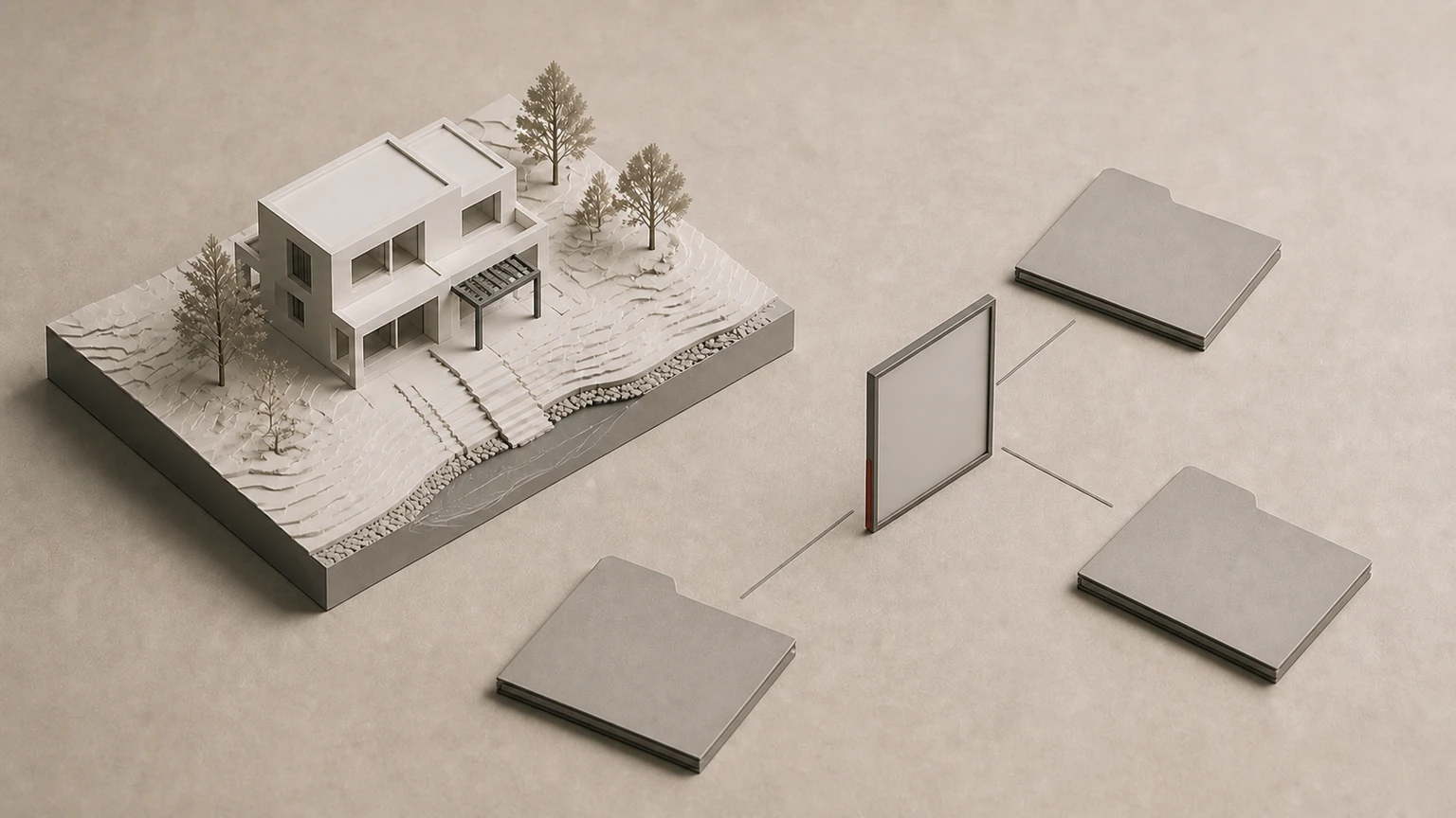 Maqueta de vivienda y terreno conectada mediante una placa neutra con tres carpetas sin etiquetas