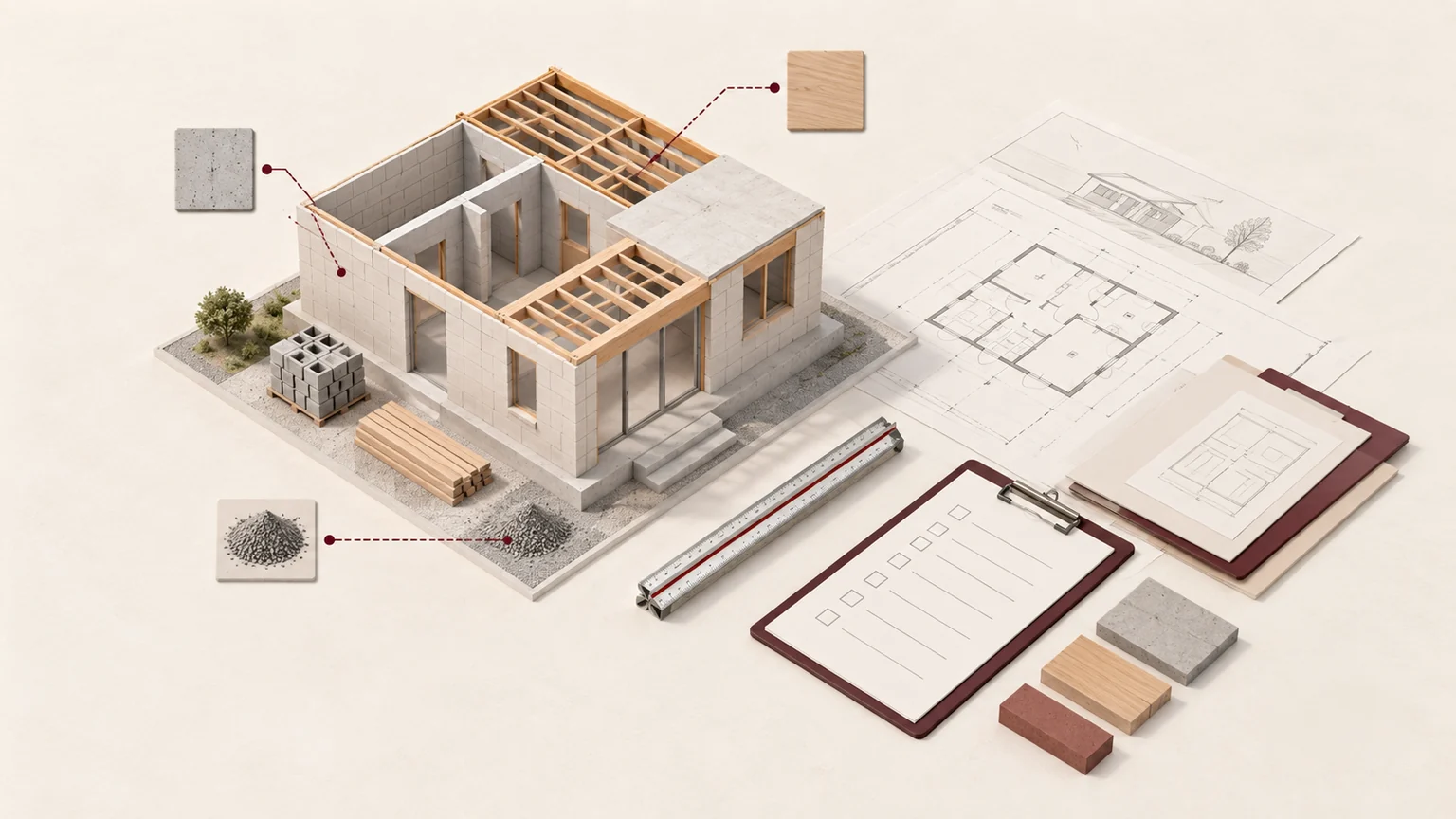 Maqueta conceptual de una vivienda en construcción junto a planos y una lista de verificación para revisar una constructora
