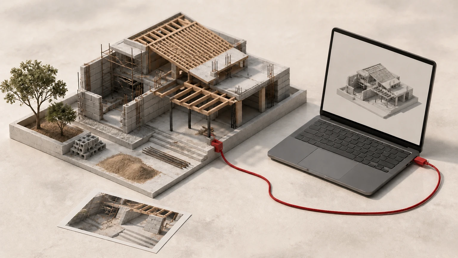 Obra residencial conectada a una computadora que muestra la misma maqueta, acompañada por una fotografía sin texto