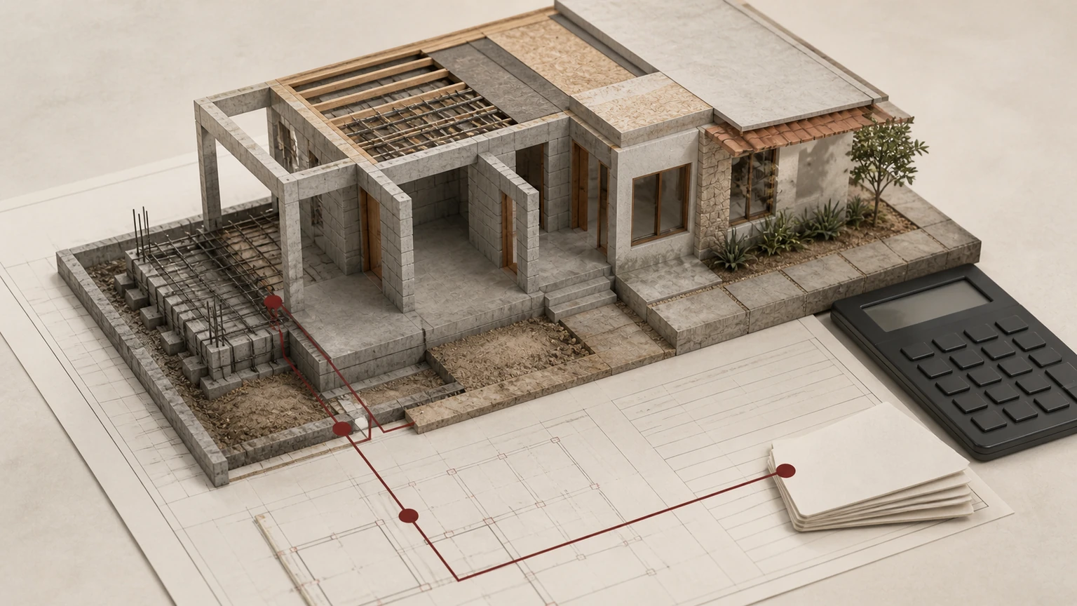 Vivienda que integra estructura, cerramientos y acabados sobre planos, junto a una calculadora sin cifras y hojas en blanco