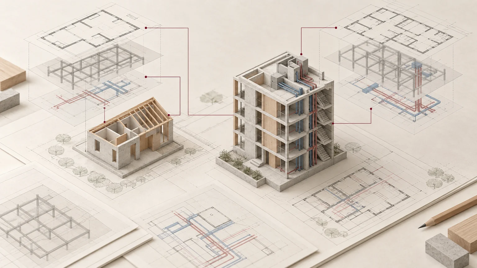 Maquetas conceptuales de una casa y un edificio con capas de planos de arquitectura, estructura e instalaciones coordinadas
