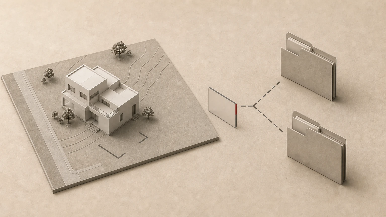 Maqueta de vivienda en su parcela conectada por una placa neutra con dos expedientes separados