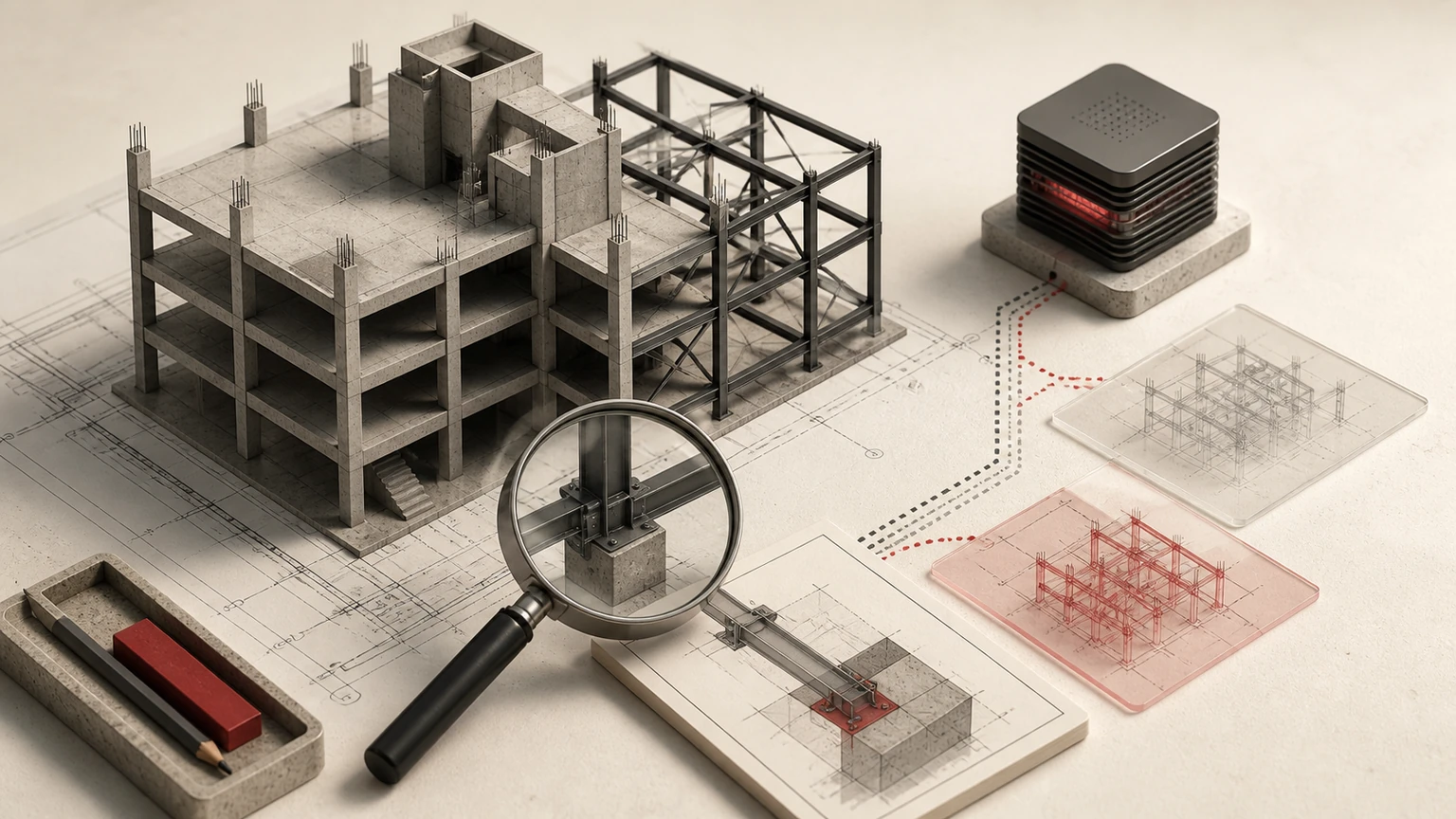 Maqueta estructural sobre planos con lupa, dos alternativas transparentes y un módulo de cómputo conectado