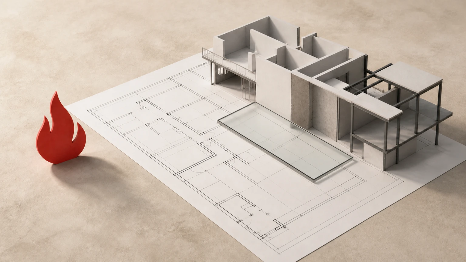 Plano arquitectónico y maqueta de vivienda con una placa transparente de revisión, junto a una llama roja separada