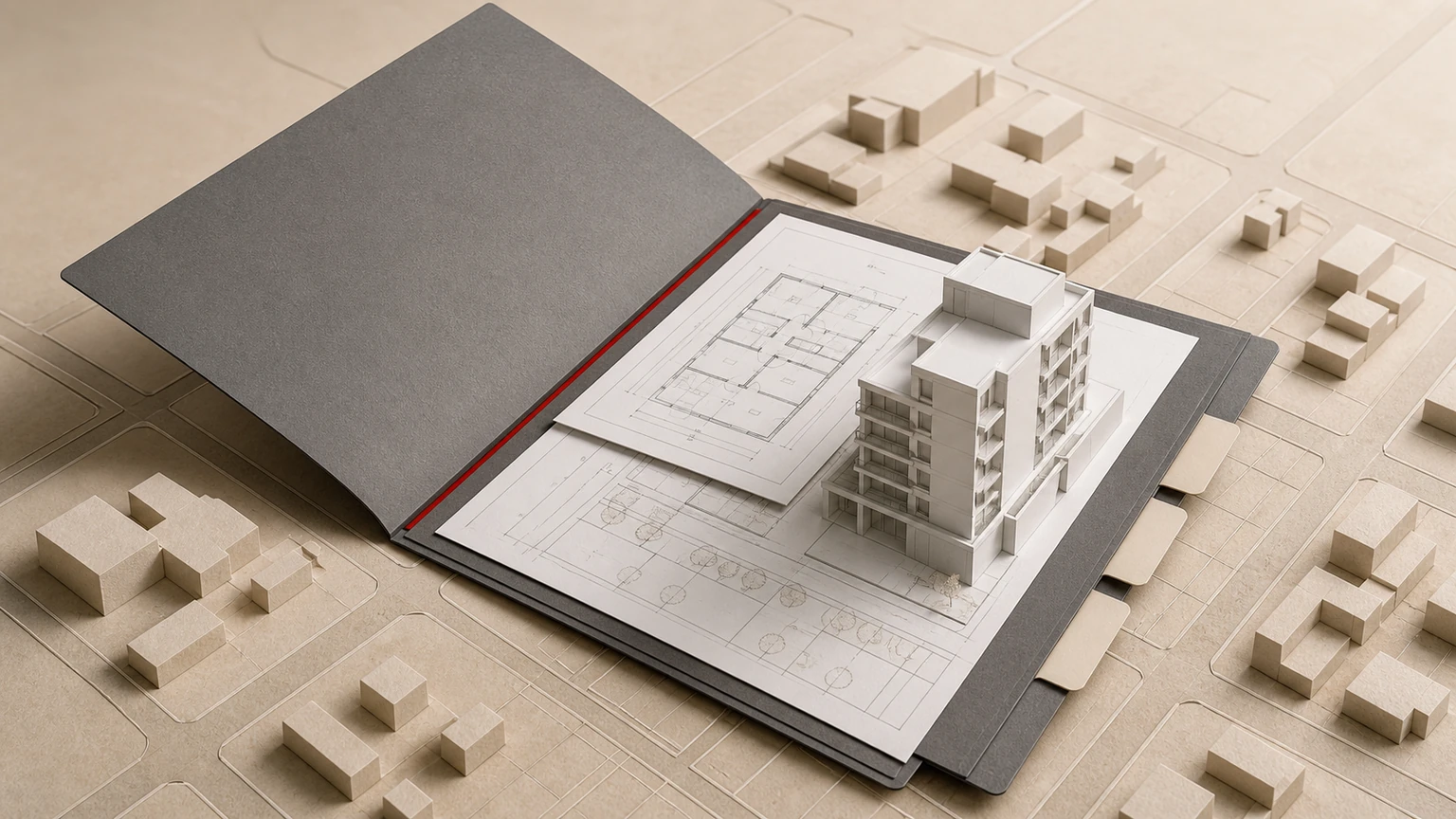 Expediente abierto con planos y maqueta de edificio sobre una trama urbana en relieve