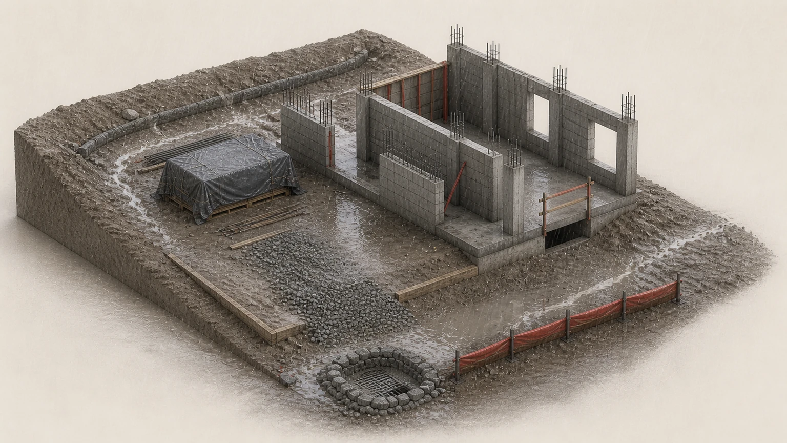 Obra bajo lluvia con material cubierto, barrera perimetral, franjas de grava y controles temporales de escorrentía y acceso