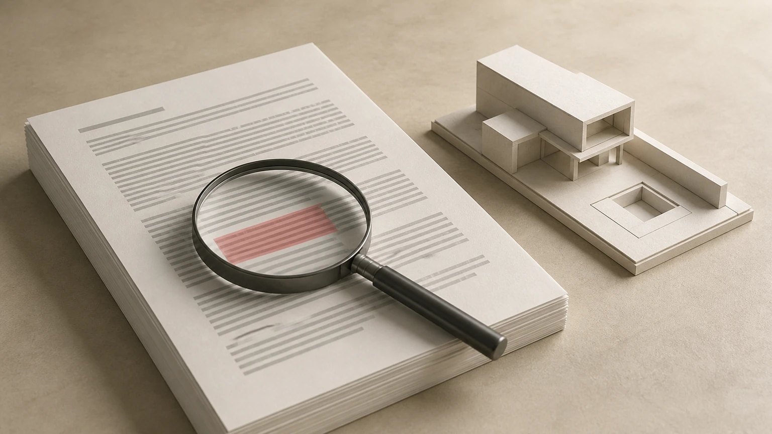 Documento con un bloque resaltado bajo una lupa, junto a una maqueta de proyecto