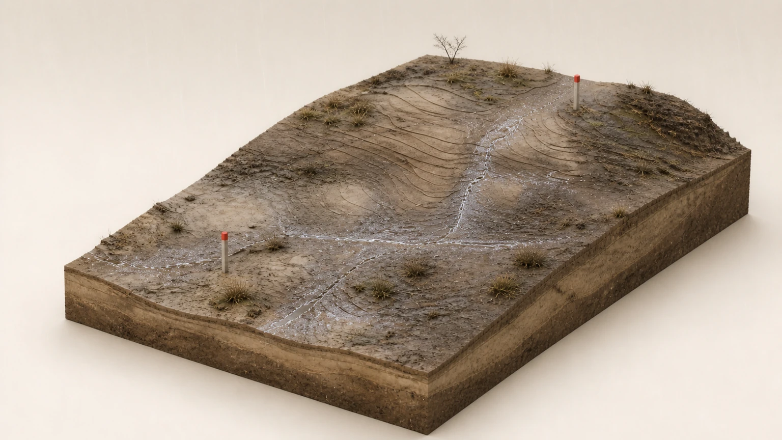 Terreno ondulado bajo lluvia con cauces superficiales y dos mojones de observación