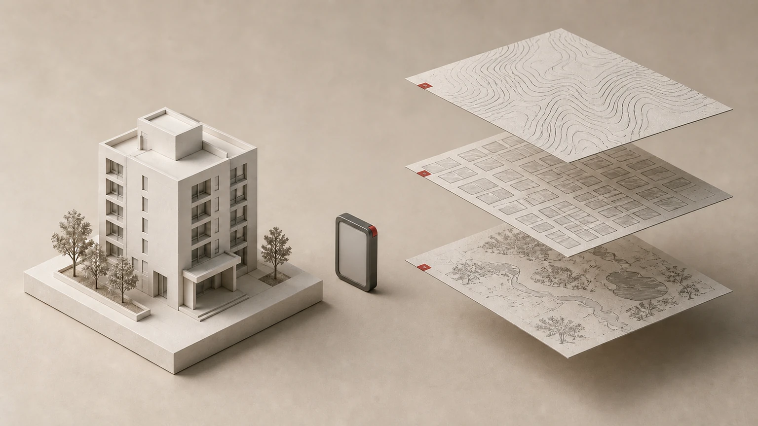 Maqueta de edificio junto a una placa neutra y tres láminas con tramas topográfica, urbana y ambiental