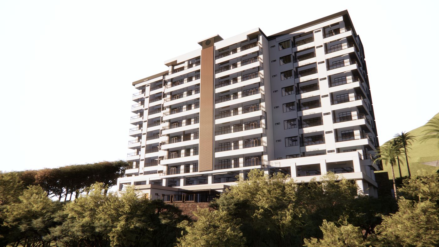 Render de un edificio de apartamentos en ladera frente al mar, con balcones corridos y vegetación alrededor.