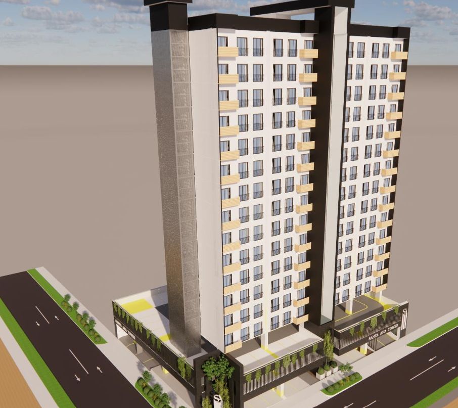 Render de una torre residencial de gran altura en dos alas, con núcleo de circulación y podio a nivel de calle.